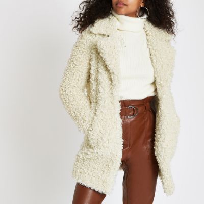 Cream shearling fur longline jacket