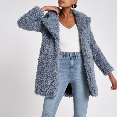 Blue shearling faux fur longline coat
