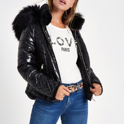 river island black high shine padded faux fur trim jacket