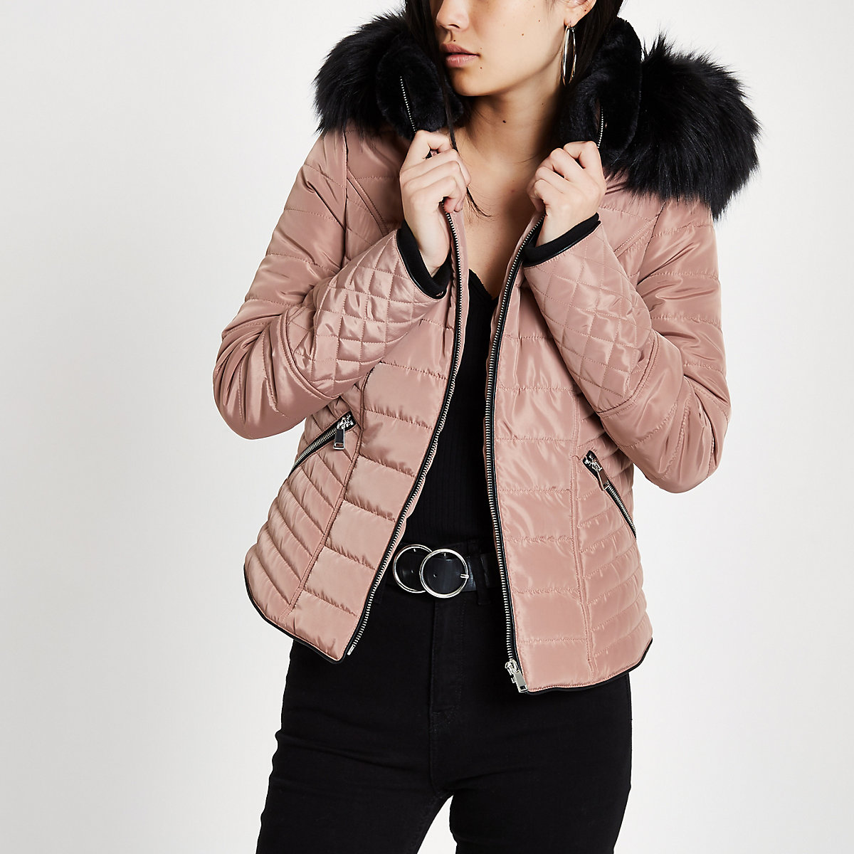 Pink faux fur hood satin puffer jacket - Jackets - Coats & Jackets - women
