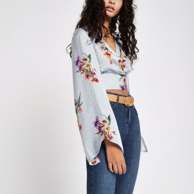 Grey floral wrap kimono sleeve crop top Crop Tops / Bralets Tops