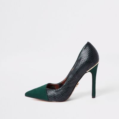 Dark green croc fold front court shoes