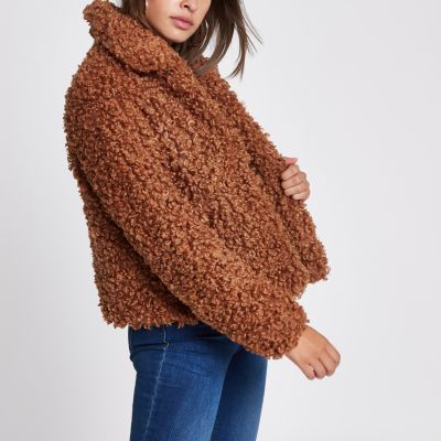 Brown faux fur swing coat