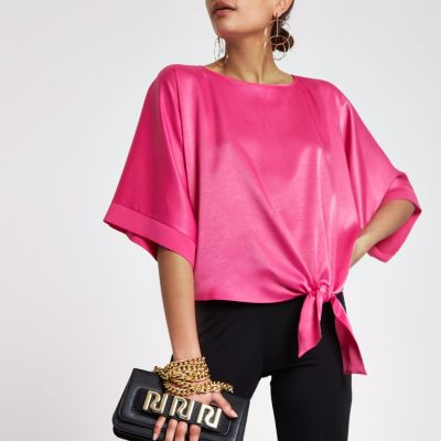 Download Pink satin knot side T-shirt - Blouses - Tops - women