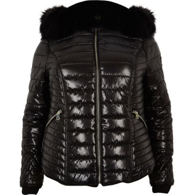 black faux fur high shine puffer jacket