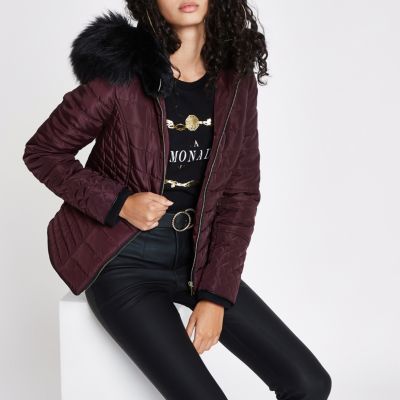 Dark red padded faux fur hood puffer jacket