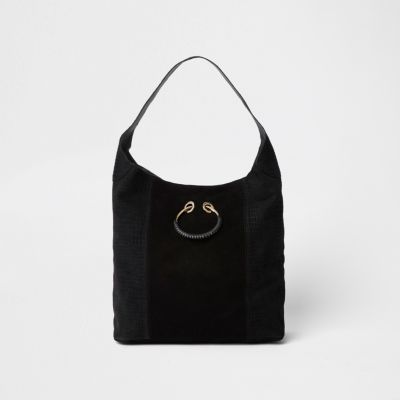 Black leather metal ring slouch bag