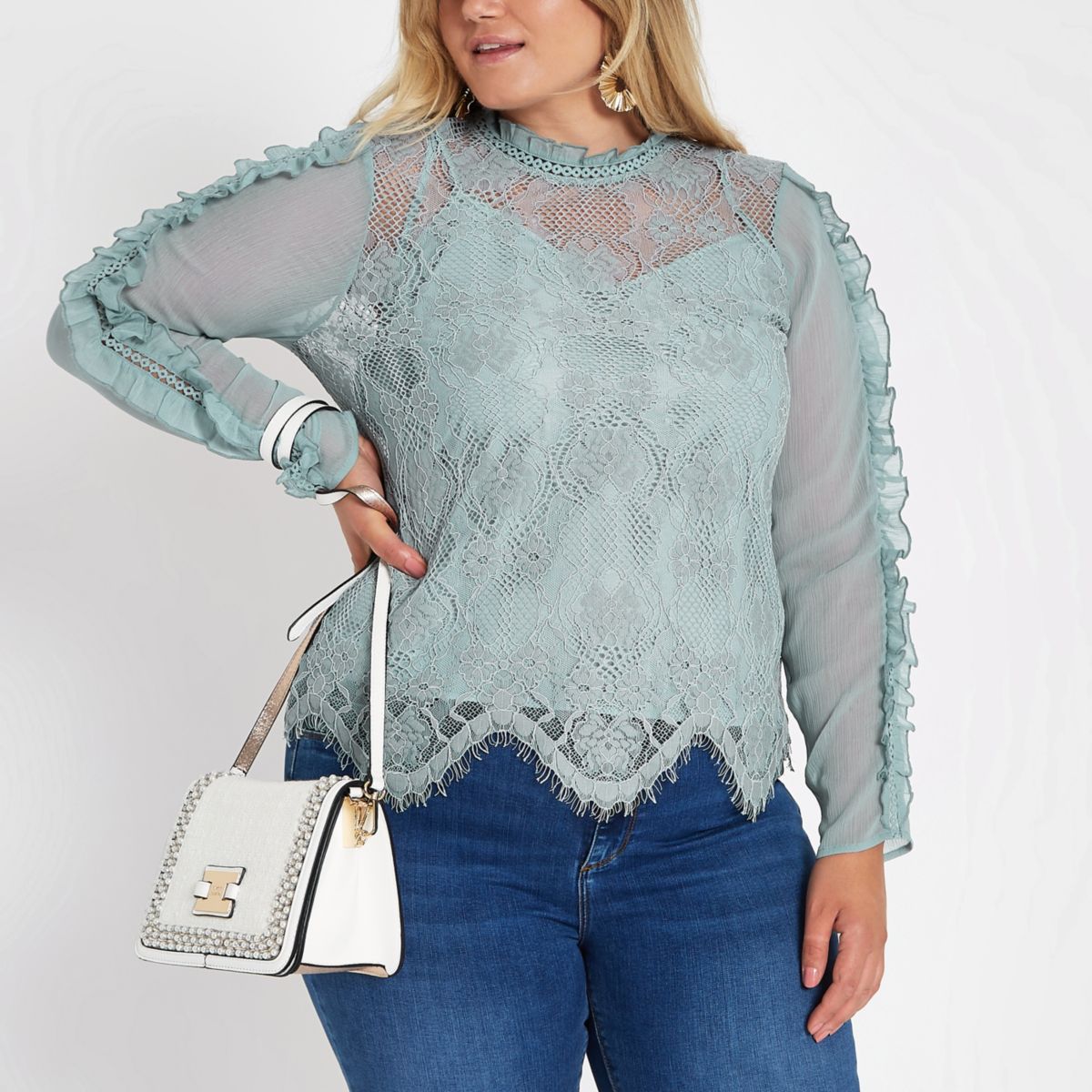 Plus blue lace high neck long sleeve top - Blouses - Tops - women