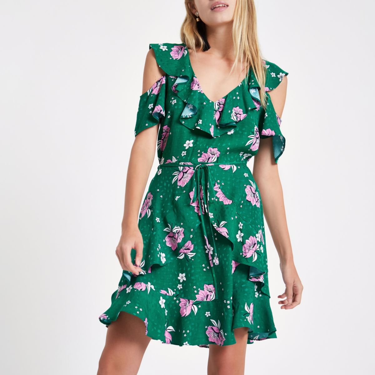 Green floral cold shoulder mini dress - Dresses - Sale - women