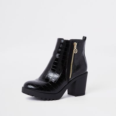 black chunky croc embossed ankle boots