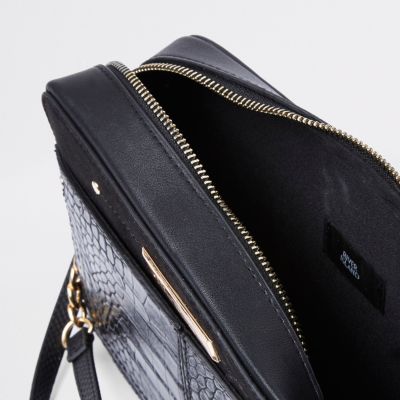 black croc embossed boxy cross body bag