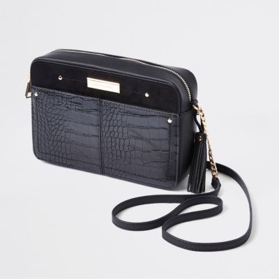 black croc embossed boxy cross body bag