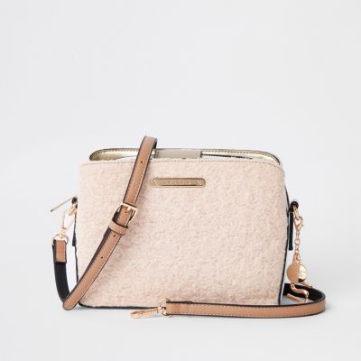 Beige borg triple compartment cross body bag