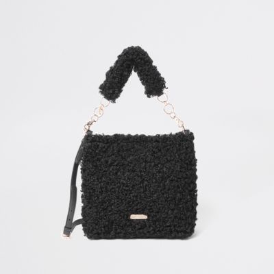 Black textured borg slouch bag