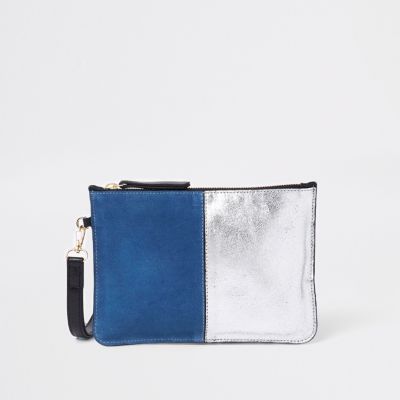Blue leather pouch clutch bag