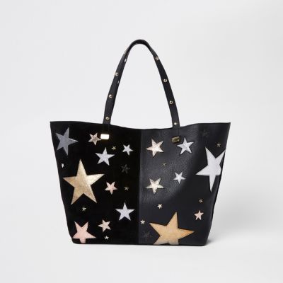 Black leather star embroidered tote bag