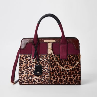 Dark red leopard print tote bag