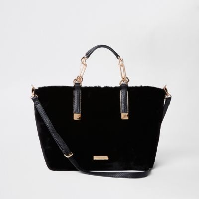 Black faux fur winged tote bag