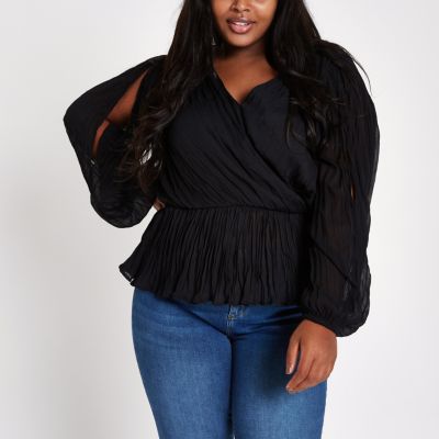 ​Plus black pleated wrap top