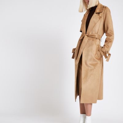 Brown faux suede eyelet sleeve trench coat