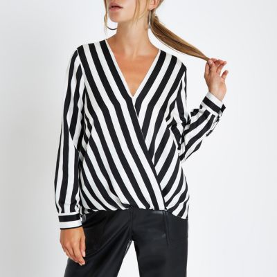 Black stripe tuck front long sleeve blouse