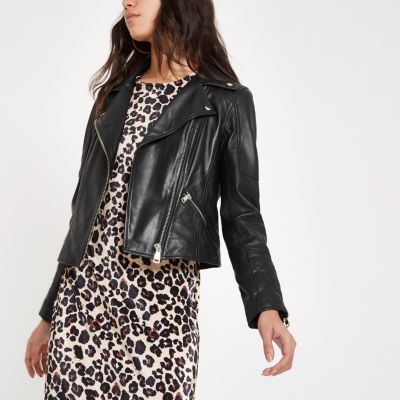 Black leather fitted biker jacket