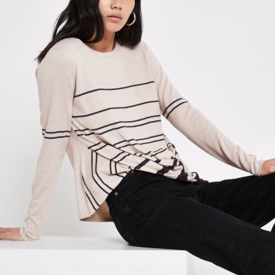 Beige knit stripe twist front jumper