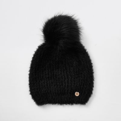 fur beanie faux pom pom fur faux  pom women pom  Black    Hats Accessories beanie