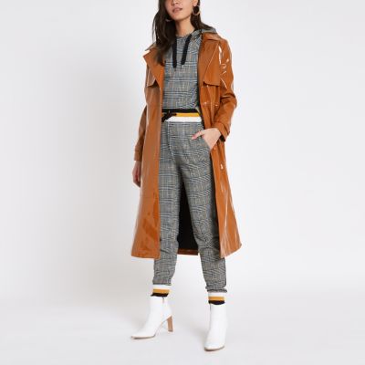 Brown vinyl tie waist trench coat