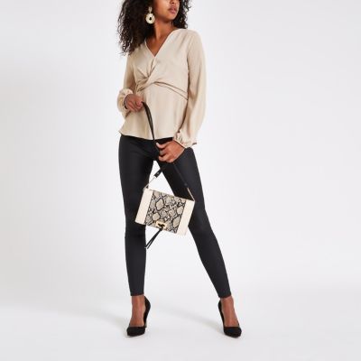 Beige cross front tie back blouse