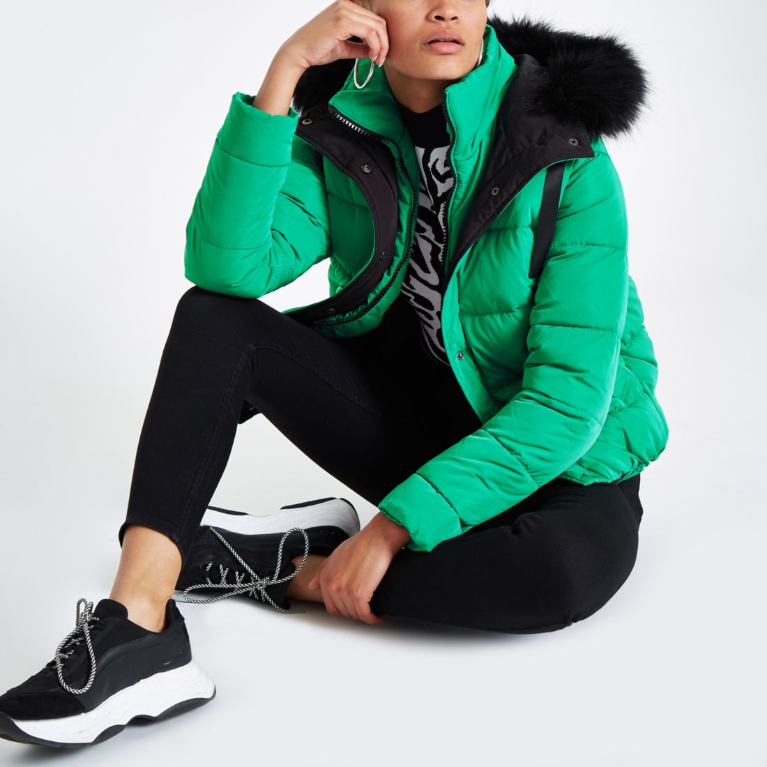 Green padded faux fur hood puffer jacket