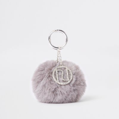pom faux fur pom keyring Accessories  pom pom  Grey fur Bag Bags faux keyring