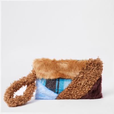 Brown faux fur patch clutch bag Clutch Bags Bags & Purses women