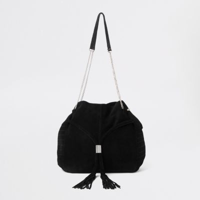 Black leather gold tone chain handle tote bag