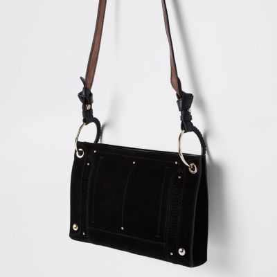 Black leather metal hoop cross body bag