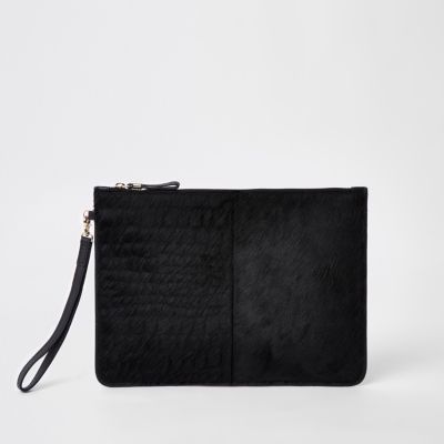 Black leather croc embossed pouch clutch bag