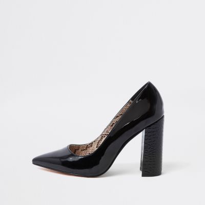 Black wrap around block heel court shoes