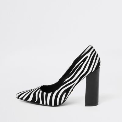 Black zebra print block heel court shoes