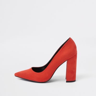Red wrap around block heel court shoes