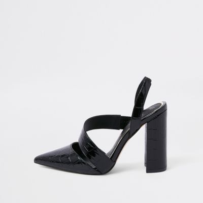 Black croc asymmetric block heel court shoes