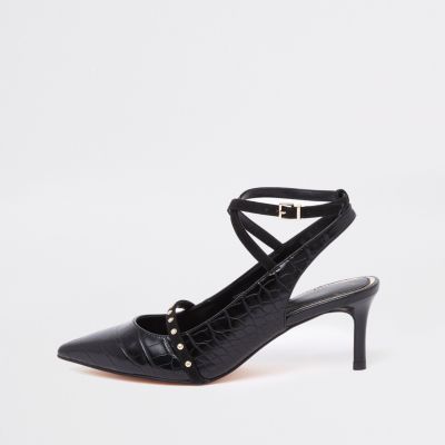 Black croc mid heel ankle strap court shoes