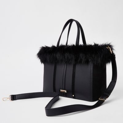 Black faux fur trim winged tote bag