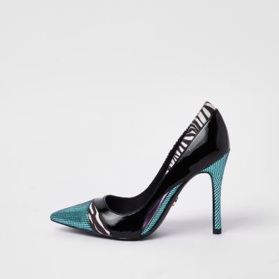 Black zebra print colour block court shoes