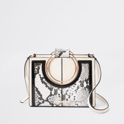 Beige snake print metal hoop cross body bag
