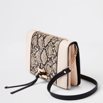 Beige snake print panel cross body bag