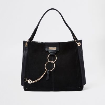 Black oversized ring front slouch bag