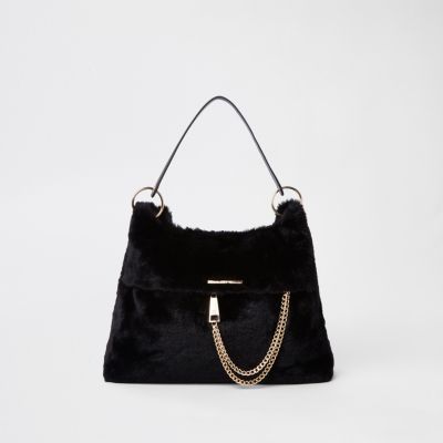Black faux fur chain front slouch bag