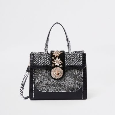 Black mixed textured lock front tote bag