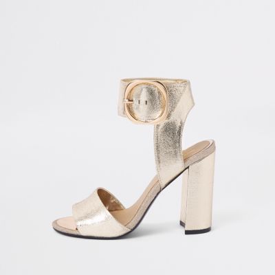 River Island Wide Fit block heeled sandals in gold