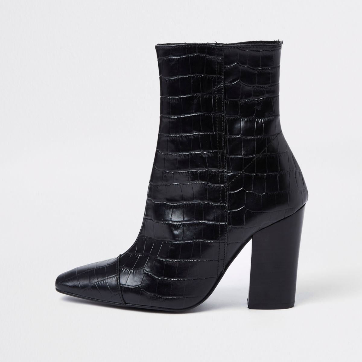 Black croc embossed block heel boots